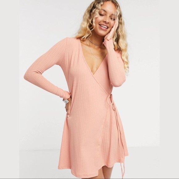 Topshop Long Sleeve Seersucker Wrap Mini Dress - Picture 1 of 11